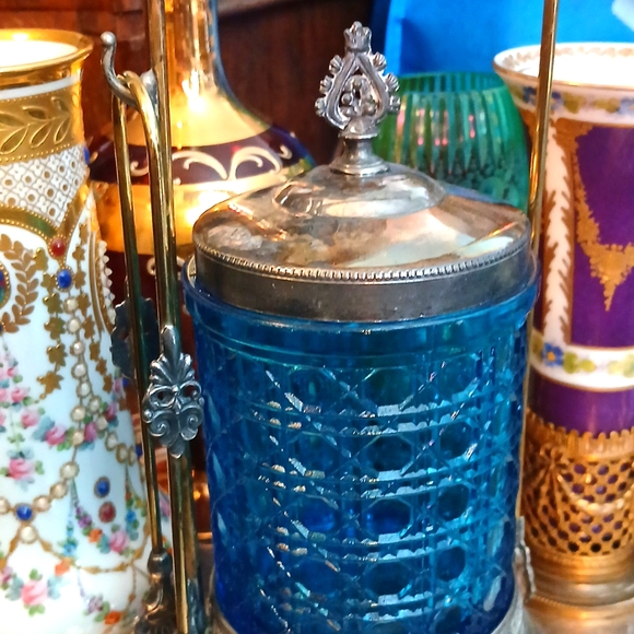 Antique Blue Glass and Silver Decorative Jar - Picture 2 of 4